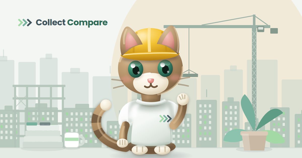 Tally the Tabby, the Collect Compare mascot, in a hard hat, waving, with a tower crane rising behind the skyline