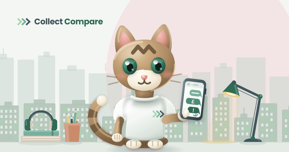 Tally the Tabby, the Collect Compare mascot, holding a phone showing three reminders sent and no reply, at a home desk with headphones, a pencil pot and a desk lamp