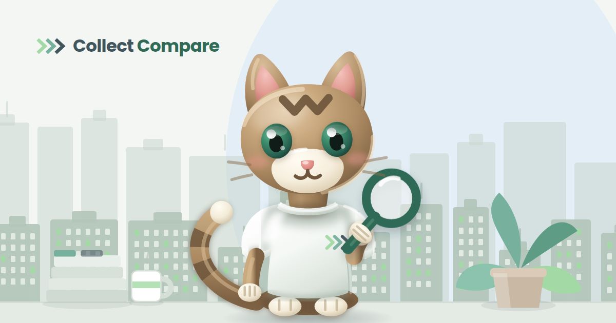 Tally the Tabby, the Collect Compare mascot, inspecting the market with a magnifying glass in an office with a city skyline behind her
