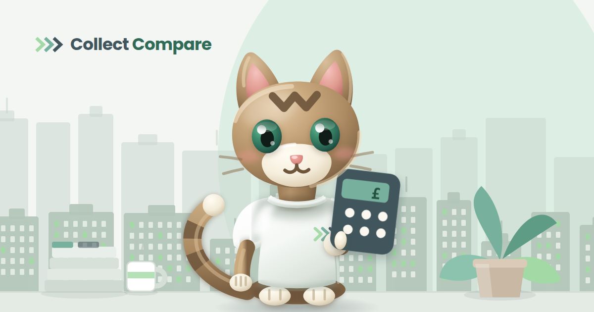 Tally the Tabby, the Collect Compare mascot, holding a calculator in an office with a city skyline behind her