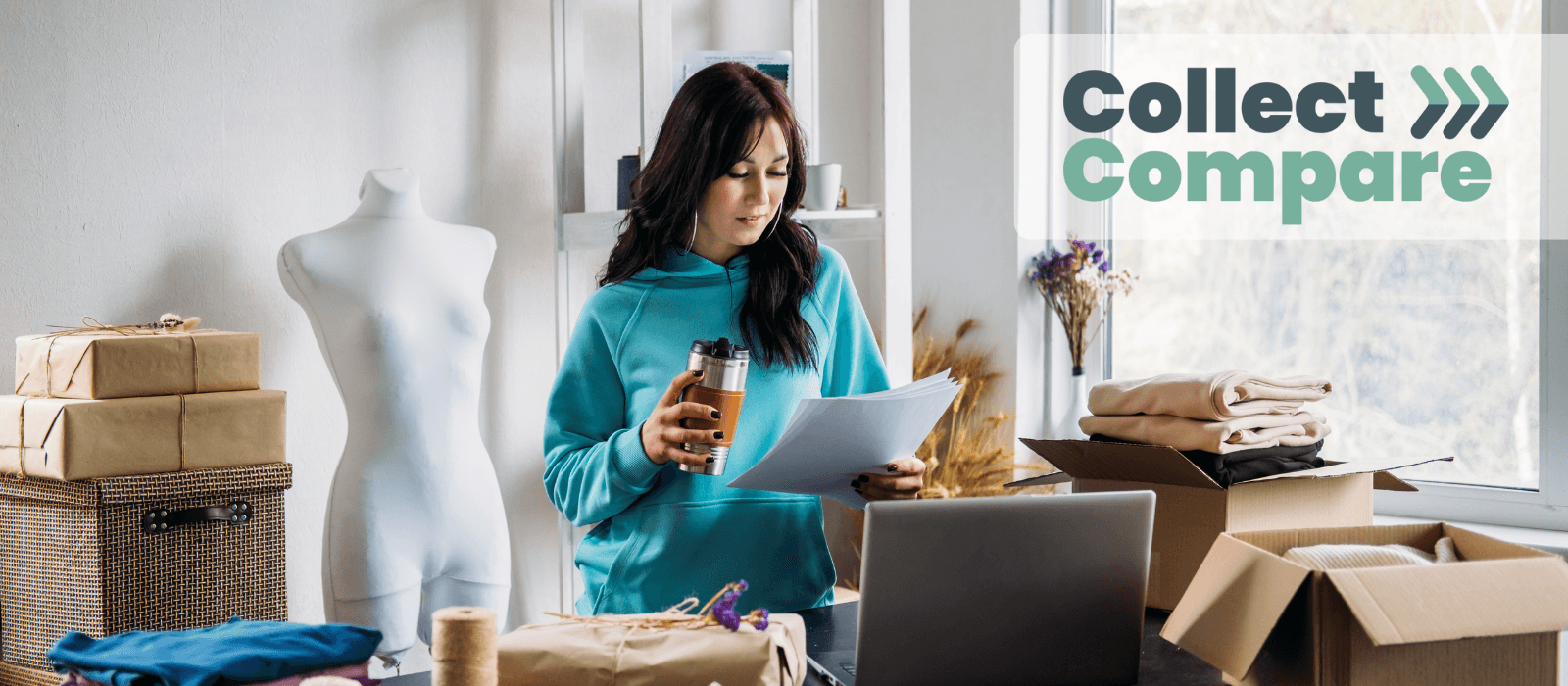Self-employed lady surrounded by the merchandise she sells via her online business.