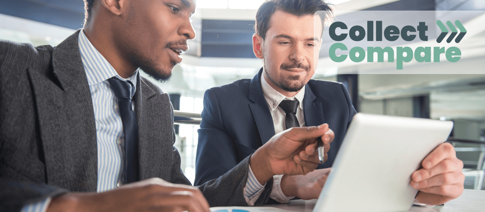 Image of two men comparing debt collection agencies on a tablet