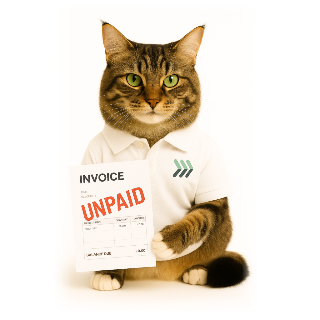 Collect Compare mascot "Tally" holding an unpaid invoice.